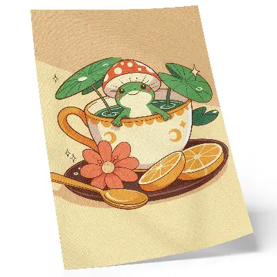Decorative poster frog in a cup with flowers, oranges, and leaves