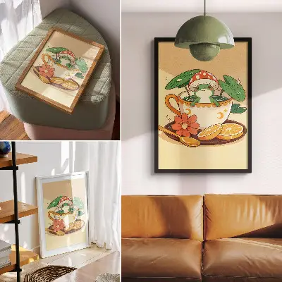 Decorative poster frog in a cup with flowers, oranges, and leaves