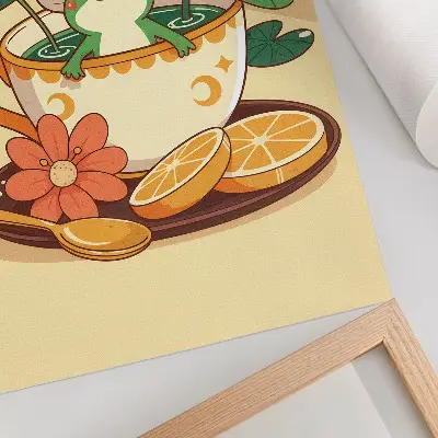 Decorative poster frog in a cup with flowers, oranges, and leaves