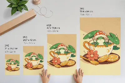 Decorative poster frog in a cup with flowers, oranges, and leaves