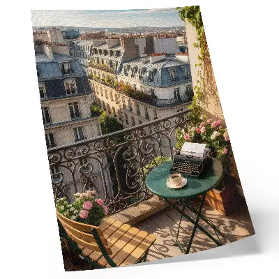 Decorative poster balcony cafe with a view of tenement houses