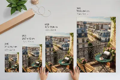 Decorative poster balcony cafe with a view of tenement houses