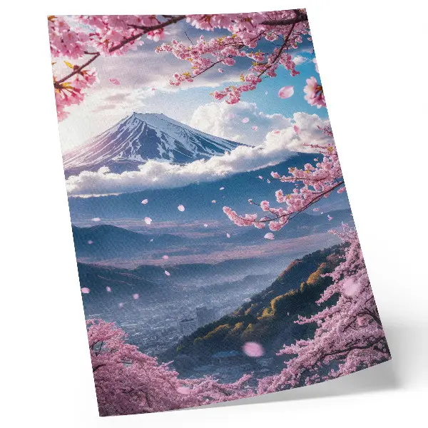 Art print featuring mountains and blooming sakura trees under a pink sky