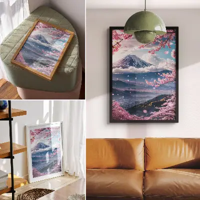 Art print featuring mountains and blooming sakura trees under a pink sky