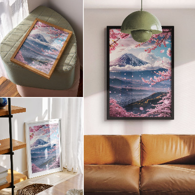 Art print Mountains and blooming sakura trees with a pink sky