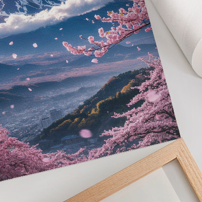 Art print Mountains and blooming sakura trees with a pink sky