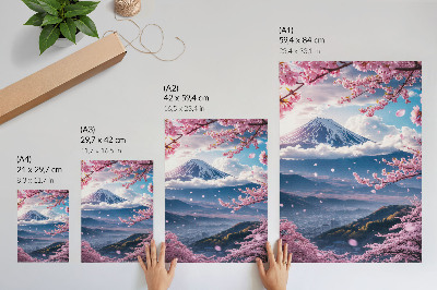 Art print Mountains and blooming sakura trees with a pink sky