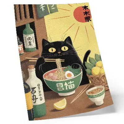 Cat with ramen and lemons poster japanese theme with a timeless atmosphere