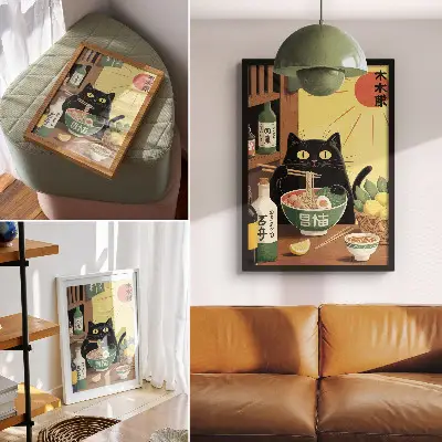 Cat with ramen and lemons poster japanese theme with a timeless atmosphere