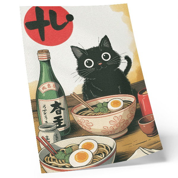 Art print Black cat ramen sake bottle japanese motif