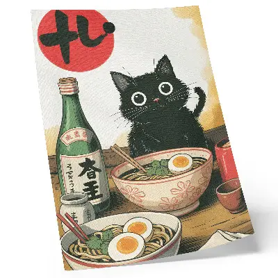 Art print featuring a black cat with a ramen and sake bottle japanese motif