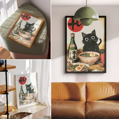 Art print featuring a black cat with a ramen and sake bottle japanese motif