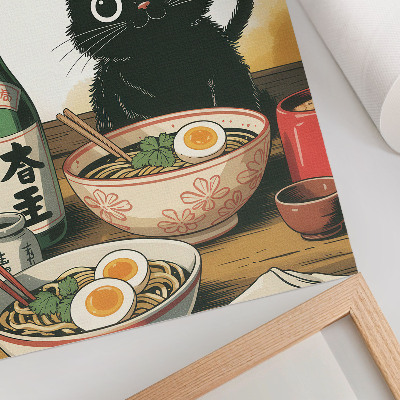 Art print Black cat ramen sake bottle japanese motif