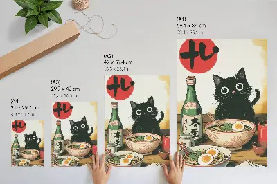Art print featuring a black cat with a ramen and sake bottle japanese motif