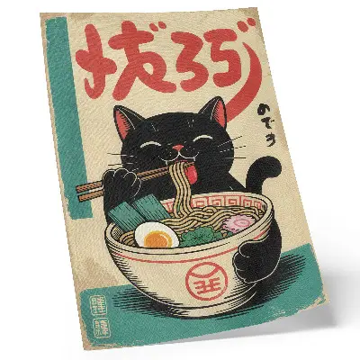 Black Cat Ramen Bowl Japanese retro inspired wall art