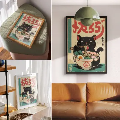 Black Cat Ramen Bowl Japanese retro inspired wall art