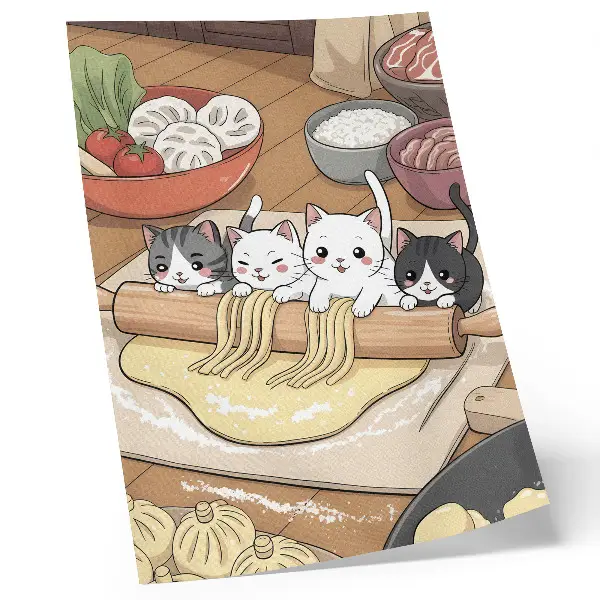 Kittens in the kitchen illustration decorative poster in a warm palette