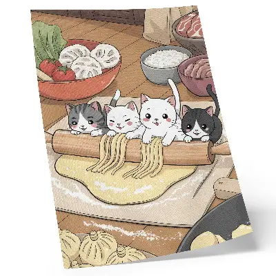 Kittens in the kitchen illustration decorative poster in a warm palette