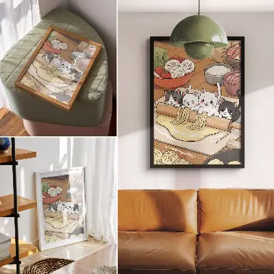 Kittens in the kitchen illustration decorative poster in a warm palette