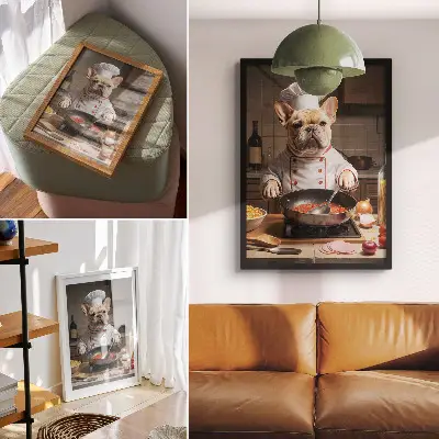 Bulldog in the kitchen poster funny surreal style
