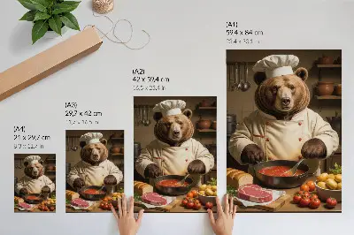 Art print surreal bear cooking in a warm atmosphere