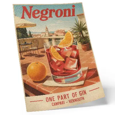 Decorative poster orange drink on the terrace in a retro style