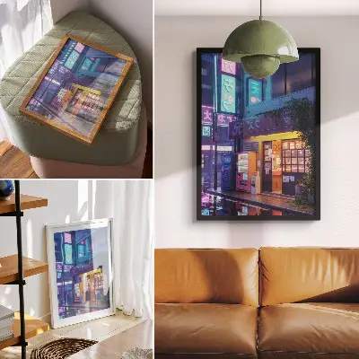 Premium wall art neon rain with atmospheric colorful lights