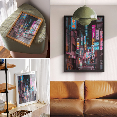 Poster Turquoise and pink neon lights of the night city