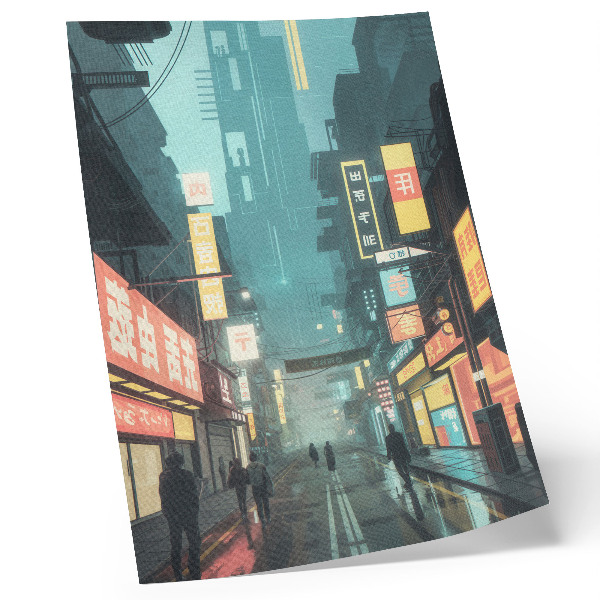 Art print Urban night scene with retro-futuristic style and neon lights
