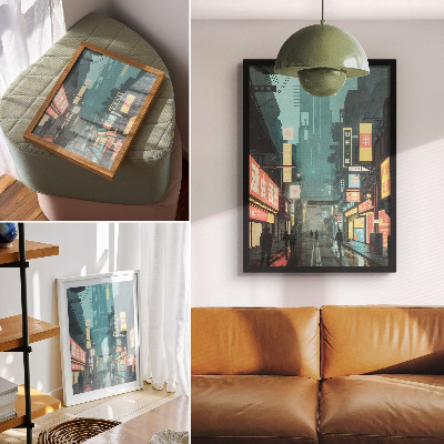 Art print Urban night scene with retro-futuristic style and neon lights