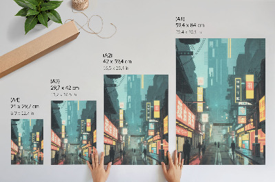 Art print Urban night scene with retro-futuristic style and neon lights