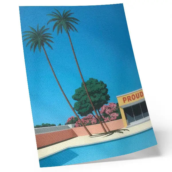 Decorative poster blue sky palm trees by the swimming pool in a modern style