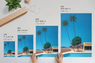 Decorative poster blue sky palm trees by the swimming pool in a modern style