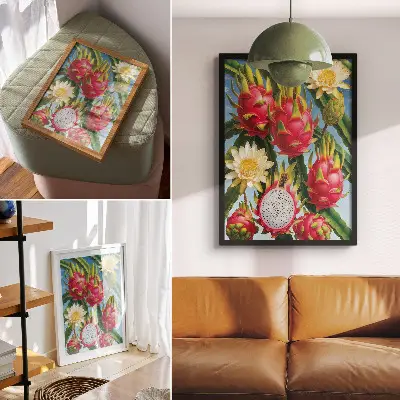 Art print exotic fruits and cacti with bright sky colors