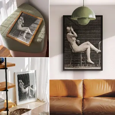 Art print Woman sitting naked in a chair smoking a cigarette by Eadweard Muybridge