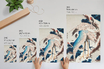 Art print Cranes in a Snow-Covered Tree by Katsushiki Hokusai (1834), vintage woodcut