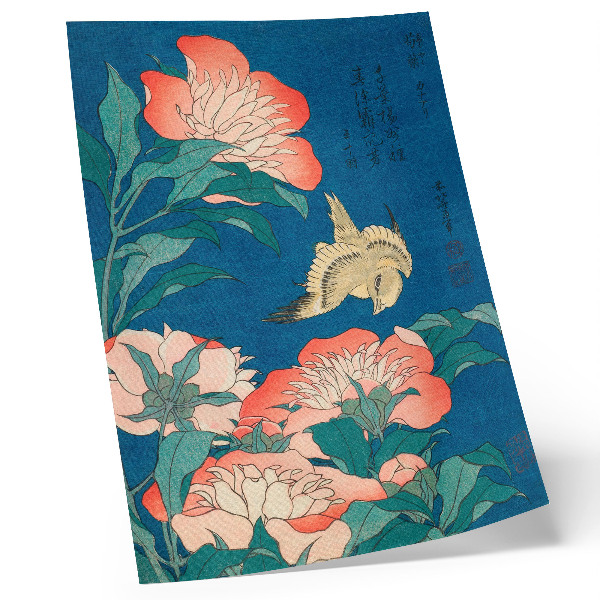 Art print Peonies and a Canary by Katsushiki Hokusai (1834) – vintage woodcut
