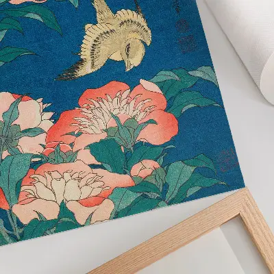 Art print vintage woodcut of Peonies and a Canary by Katsushiki Hokusai from 1834