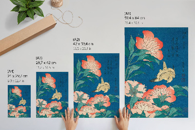 Art print Peonies and a Canary by Katsushiki Hokusai (1834) – vintage woodcut