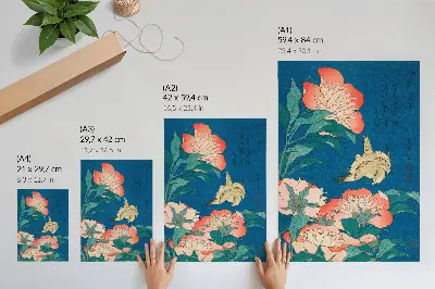 Art print vintage woodcut of Peonies and a Canary by Katsushiki Hokusai from 1834