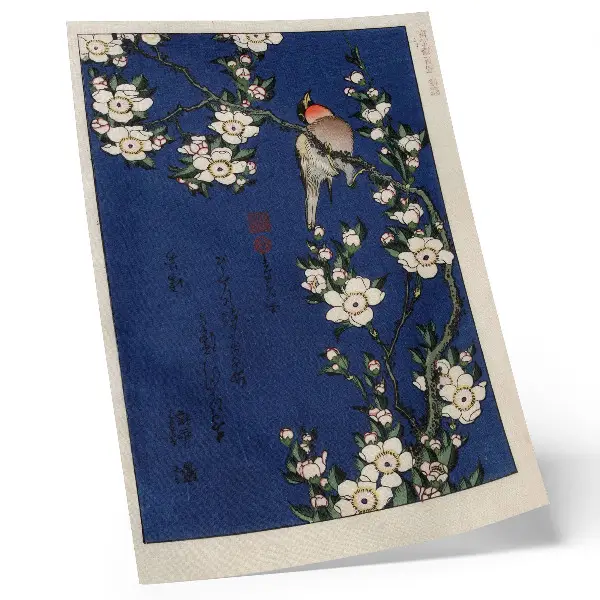 Decorative poster featuring Katsushika Hokusai's Robin on a Cherry Blossom Branch