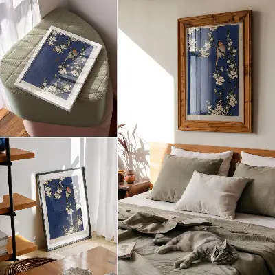Decorative poster featuring Katsushika Hokusai's Robin on a Cherry Blossom Branch