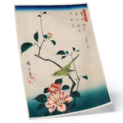 Decorative poster featuring Ukiyo-e illustration of Camellia and Nightingale by Utagawa Hiroshige (1797-1858)