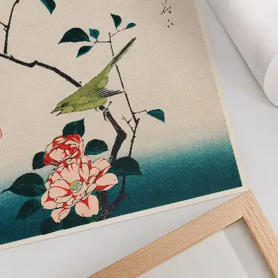 Decorative poster featuring Ukiyo-e illustration of Camellia and Nightingale by Utagawa Hiroshige (1797-1858)