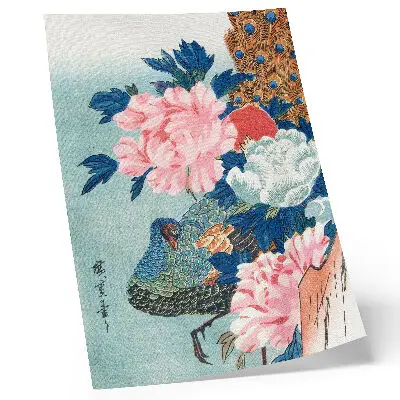 Peacock and Peonies decorative poster vintage Japanese woodblock print by Utagawa Hiroshige