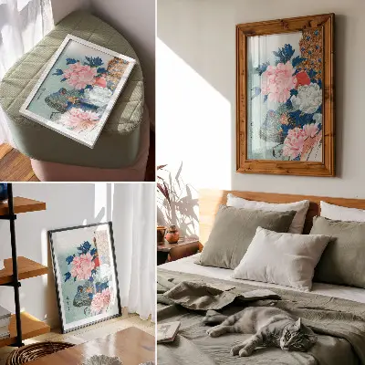 Peacock and Peonies decorative poster vintage Japanese woodblock print by Utagawa Hiroshige