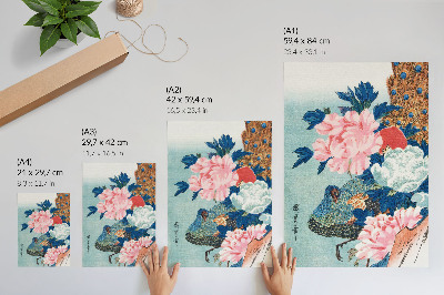 Decorative poster Peacock and Peonies, vintage Japanese woodblock print by Utagawa Hiroshige