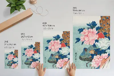 Peacock and Peonies decorative poster vintage Japanese woodblock print by Utagawa Hiroshige