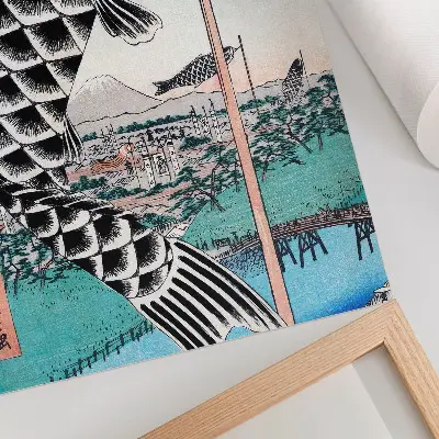 Decorative poster featuring Utagawa Hiroshige's Suidobashi and Surugadai Bridge from 1857