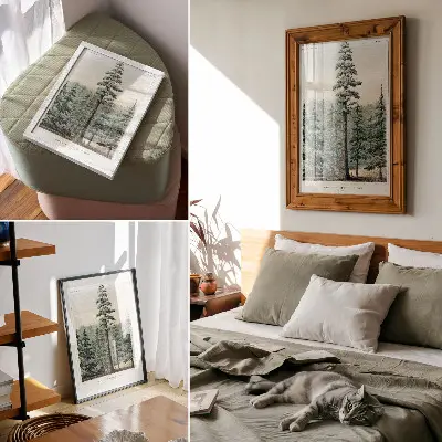 Premium wall art wellingtonia mammoth tree towering over a forest with a person standing at its base